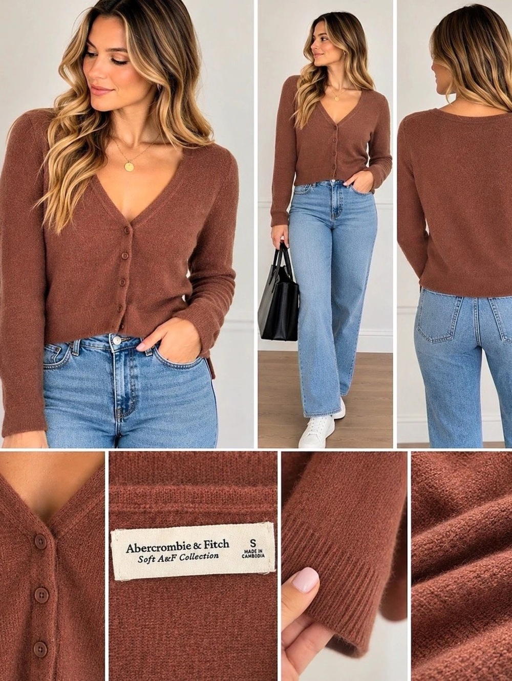 Abercrombie & Fitch Soft A&F Collection V-Neck Cardigan Brown Small
